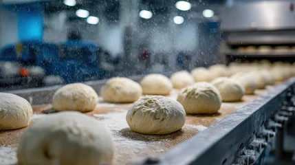 Wandcirkels Bakkerij Production of bread dough balls on an automated conveyor belt in an industrial bakery being dusted with flour  © Pixels by Nazrul