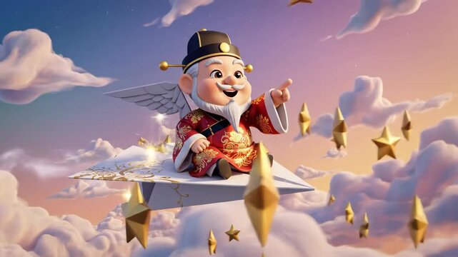 Chinese god of wealth flying on paper plane creating stars