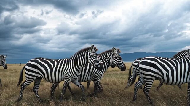 Group of Zebras Walking Together in Open Field Under Cloudy Sky