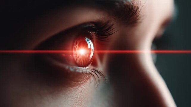 Close up of human eye with red laser beam in dark environment
