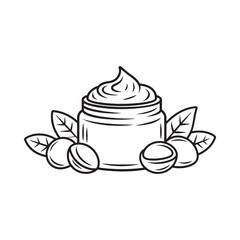 Line art illustration of a cosmetic cream jar with macadamia nuts and leaves