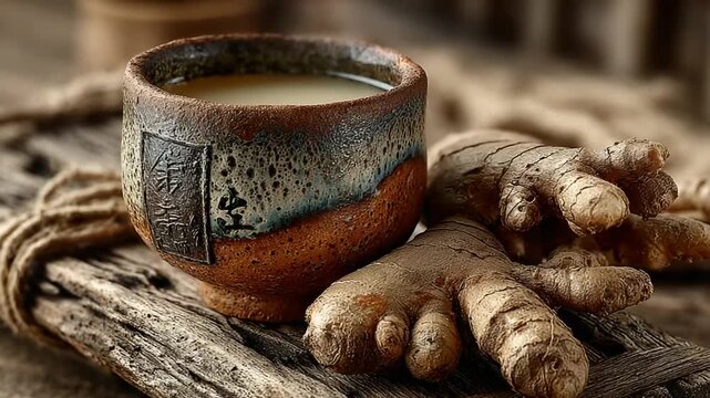 Rustic ginger tea cup with fresh ginger root nearby