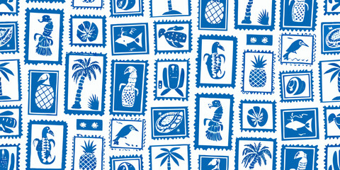 Blue and white repeating pattern of vintage postage stamps with tropical motifs © gita