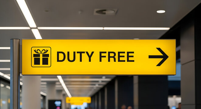 A yellow duty free sign with an arrow pointing to the right in a modern airport terminal corridor with fluorescent lighting overhead