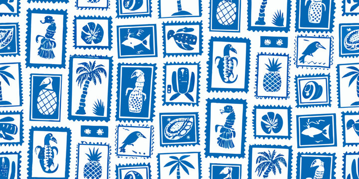 Blue and white repeating pattern of vintage postage stamps with tropical motifs