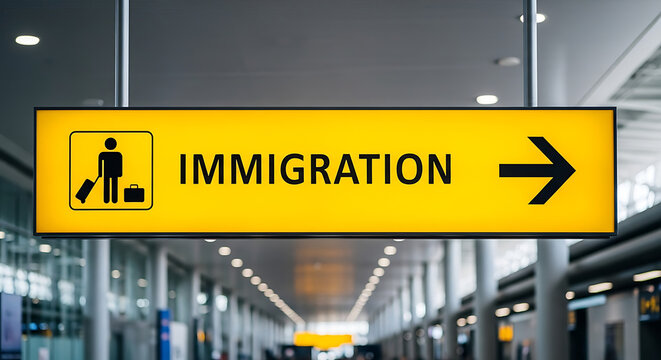 A yellow sign indicating immigration direction at an airport terminal with a person icon and arrow pointing rightwards