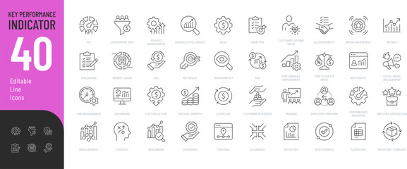  Key Performance Indicator Line Editable Icons set. Vector illustration in modern thin style of business related icons: productivity, effectiveness, metrics, and more. 
