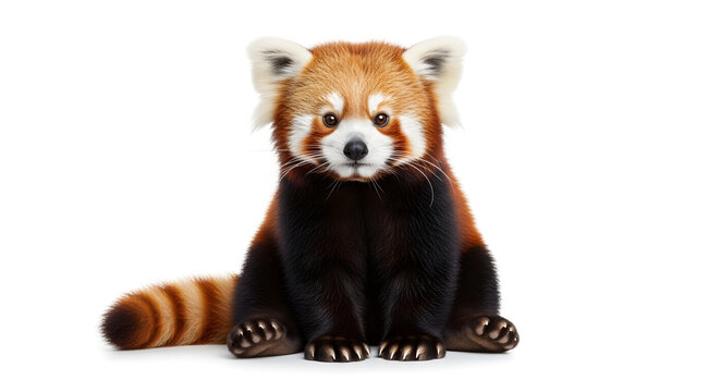 An adorable red panda with fluffy fur and a long striped tail, sitting in a full-body portrait and looking directly at the camera, isolated on a clean white background
