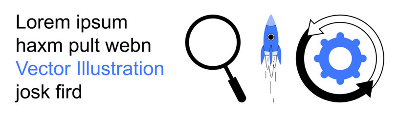 Fototapeta premium Business development, research, innovation, technology, efficiency, workflow management. Magnifying glass, rocket and gear icons. Business development and research illustrated