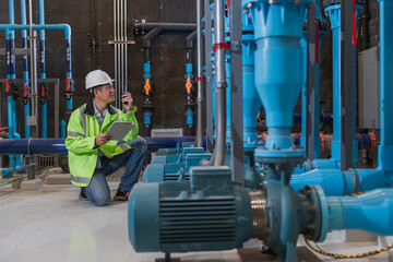 person in PPE with a hand hold folder checking in Pump room. Male engineer checking Pressure in Transfer pump Room.	