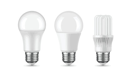 Set of three realistic LED light bulbs on a white background standard bulb, globe bulb, and energy-saving tube bulb