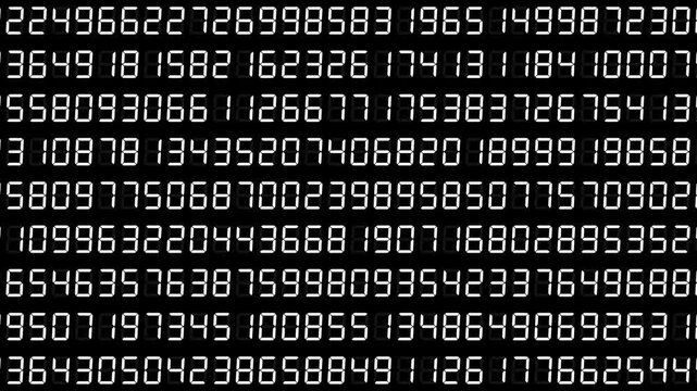 Randomly changing white numeric code text on black background, wide format, resembling a system monitoring display and abstract system log style. 4K motion graphics.
