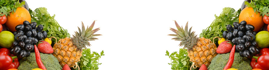 Vibrant Panorama of Fresh Fruits and Vegetables on White Background