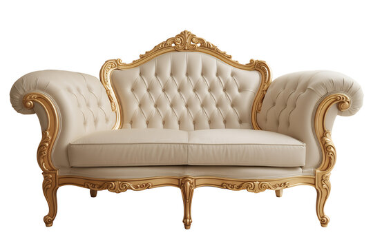 Ornate gold and cream colored sofa gold sofa cream sofa isolated on a transparent background