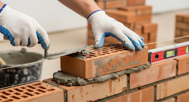 Bricklaying in Progress, Construction of a Brick Wall with Mortar Work