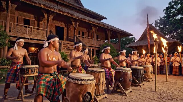 Lanna drummers performing a traditional victory drum show at dusk in a historic northern thailand village, musicians playing traditional instruments during an ethnic ceremony