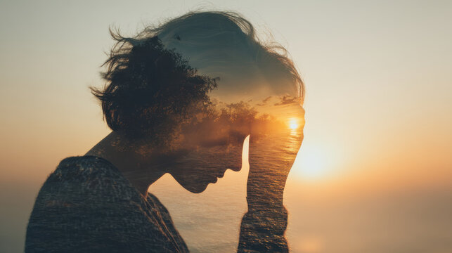 Silhouette woman sunset double exposure mental health anxiety stress depression nature ocean emotional reset lifestyle concept with female profile