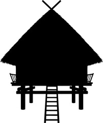 Small tropical hut silhouette on stilts with ladder