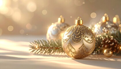 Close-up of ornate, golden ornaments, fir, and pinecones creating a festive, warm, and inviting holiday composition