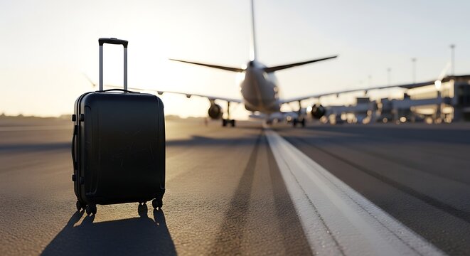 Airplane on the tarmac with luggage in the foreground