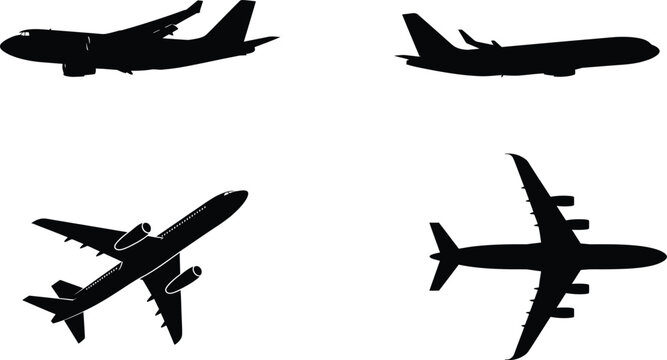 Four black silhouettes of airplanes in different flight positions