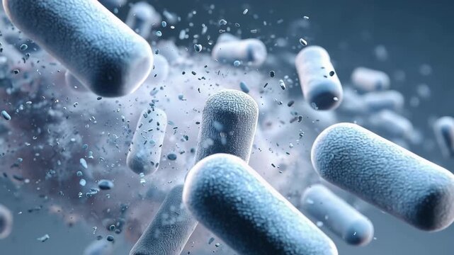 Colorful and vibrant bacteria particles move through a dense cloud with fine dust in a scientific illustration showing microscopic organisms in detail
