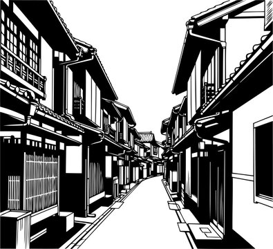 Traditional japanese street lined with machiya houses in a black and white perspective