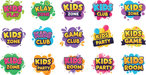Naklejka premium Colorful Kids Zone and Play Area Logo Set with Fun Bubble Typography for Children Playground Entertainment Center Birthday Party Branding and Preschool Signs