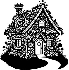 Naklejka premium Whimsical floral cottage silhouette with blooming garden details
