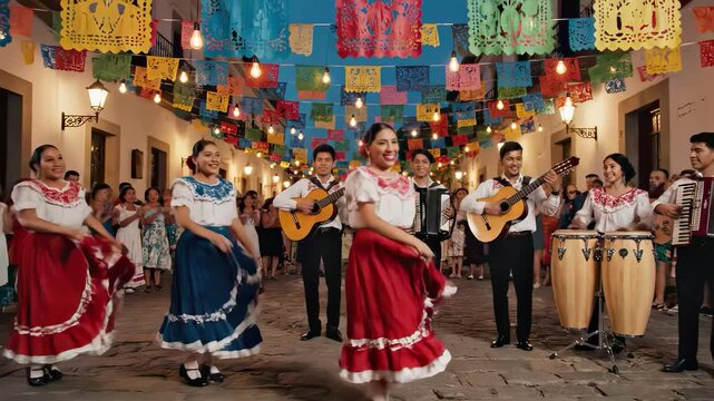 Mexican folkloric dancers performing the jarabe tapat&iacute;o with a mariachi band during a lively street festival celebration with colorful papel picado decorations