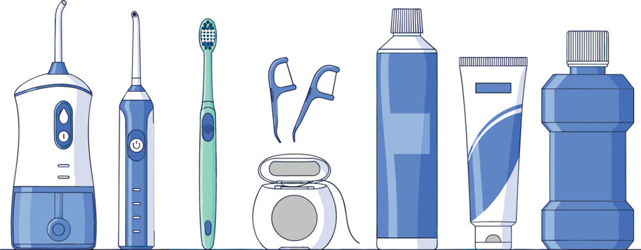Comprehensive dental hygiene vector collection featuring electric toothbrush water flosser toothpaste mouthwash and dental floss picks for oral health and bathroom care routines.