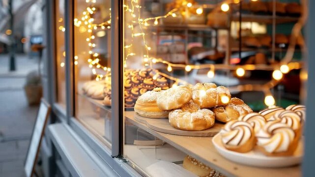 The bakery is decorated for Christmas with lights and festive items. Different baked goods are displayed in the window. Warm treats invite customers in during the holiday time