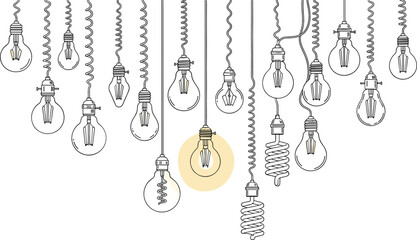 Conceptual vector illustration of various hanging light bulbs with a single glowing yellow bulb representing a bright idea innovation or creative spark.