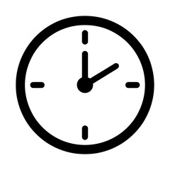A simple black clock icon on a transparent background showing time