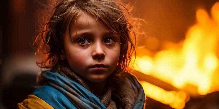 A girl with a yellow and blue flag against a background of fire. Destroyed city. War