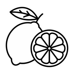 Black line drawing of an orange with a leaf and a sliced orange isolated on transparent background