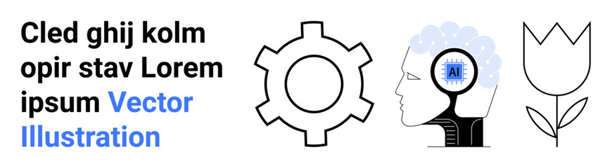 Gear for industry, human head with AI chip for intelligence and tech, flower for growth and creativity. Ideal for technology, AI, innovation, industry, education, creativity simple landing page © robu_s