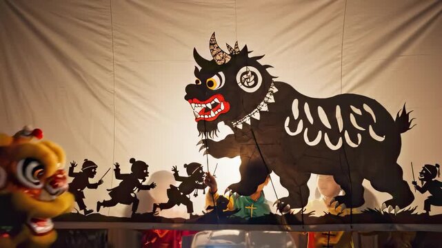 Chinese new year legend performed with shadow puppets telling the story of the nian monster, celebrated by children performing the traditional lion dance