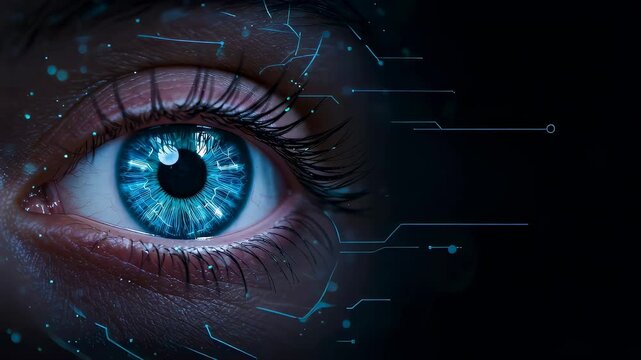 Womans eye with network connection glowing in the iris, representing futuristic digital vision and artificial intelligence perception