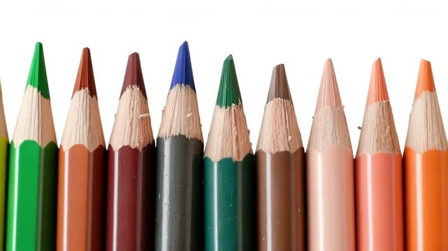 Colored pencils are neatly lined up showing their sharp tips. The colors include blue, green, brown, orange, and more. Each pencil has a wooden body and a clean finish
