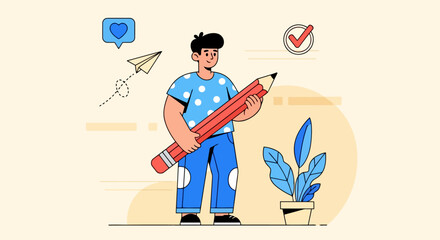 Man Holding Large Pencil Creative Content Writing and Content Marketing Concept, Flat Vector Illustration