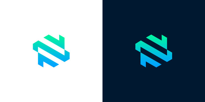 Geometric 'N' logo design in blue and green gradient, modern abstract symbol representing technology, innovation, and progress