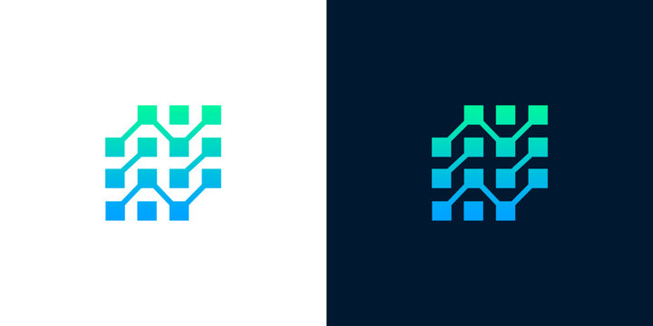 Abstract digital network logo with interconnected nodes and vibrant green-to-blue gradient. Symbolizing modern technology, data flow, and innovative communication branding