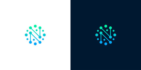 Abstract 'N' logo design with connected dots forming a circular network pattern on white and dark backgrounds © anello