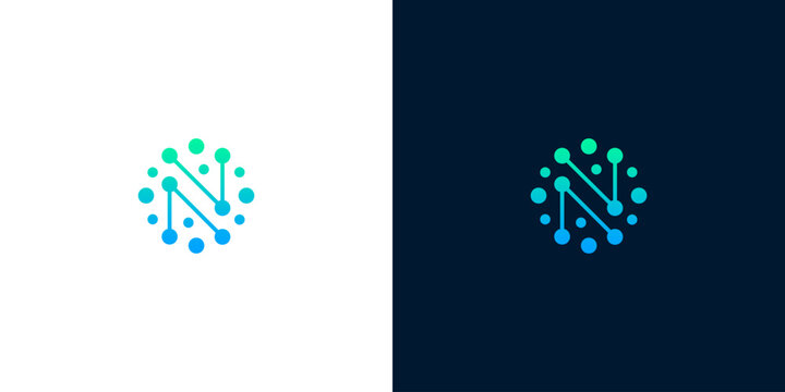Abstract 'N' logo design with connected dots forming a circular network pattern on white and dark backgrounds