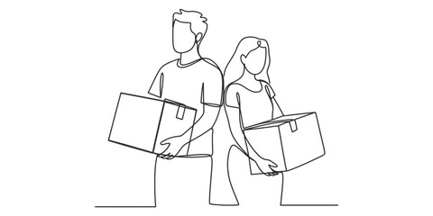 Fototapeta premium Continuous line drawing of a young couple standing back to back while carrying cardboard boxes Vector, illustration