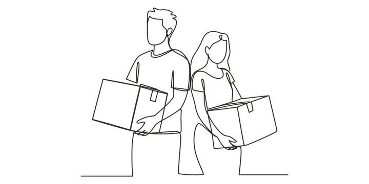 Continuous line drawing of a young couple standing back to back while carrying cardboard boxes Vector, illustration