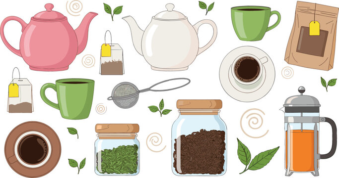 Hand drawn tea and coffee vector set featuring pink teapot French press coffee mugs tea bags glass jars and loose leaf tea leaves.