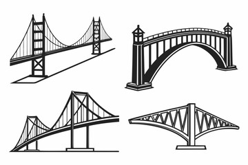 Obraz premium A diverse compilation of four different black and white line art bridge designs, featuring various architectural styles like suspension and arch bridges.