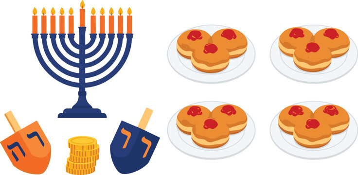 Hanukkah vector icon collection featuring traditional Hanukkiah menorah with lit candles dreidel spinning tops chocolate gelt coins and sweet sufganiyot jelly donuts isolated.